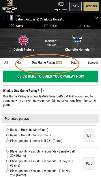 One Game Parlay example BetMGM