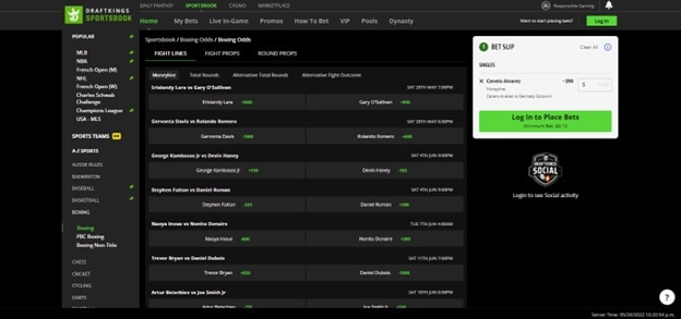 DraftKings boxing betting app
