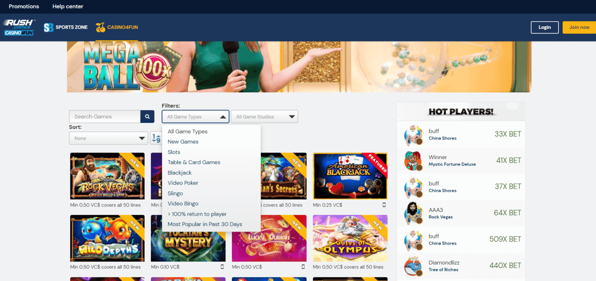 Rush Casino Games Sorting Features