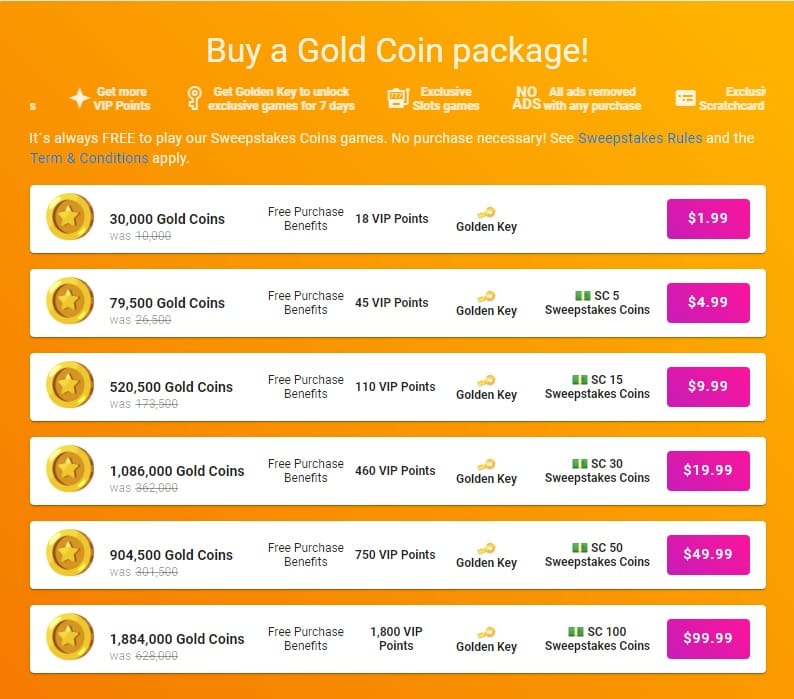 Sweepstakes Coins Packages