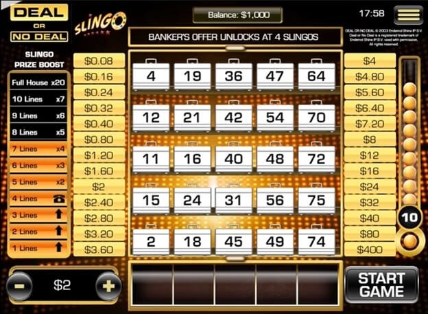 Deal or No Deal Slingo Gameplay