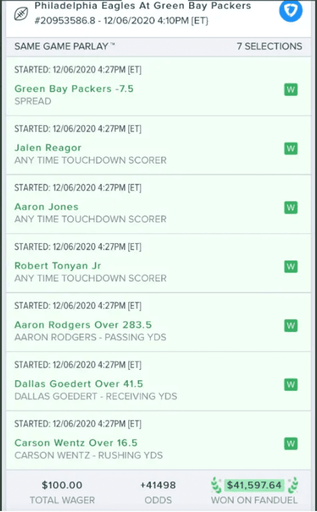 $100 wins 41.5k on FanDuel from a same-game parlay