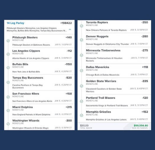 NFL and NBA parlay turns $30 into $59k on FanDuel