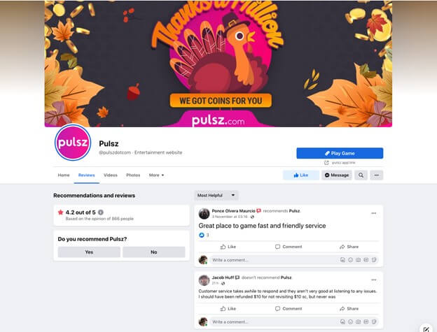 Pulsz Casino Facebook Page