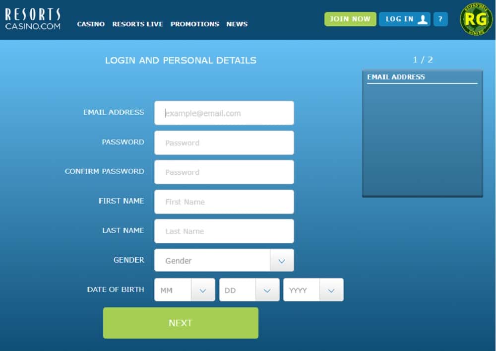 resorts casino sign up form