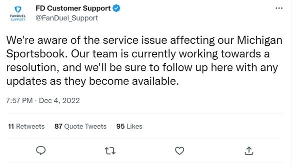 FanDuel customer support tweet