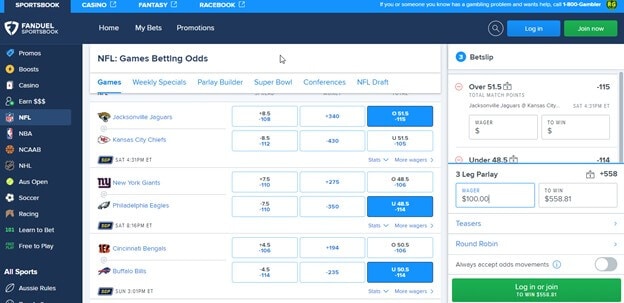 FanDuel NFL Betslip