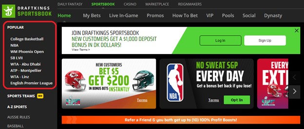 DraftKings Sports Betting Lobby