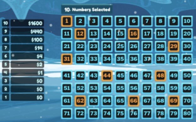 Mad Yeti Keno Numbers Selections