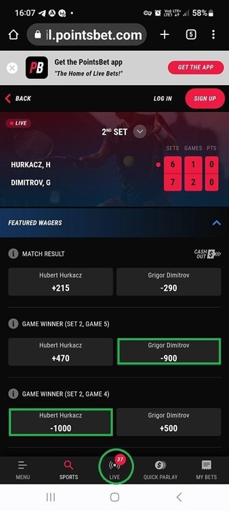 PointsBet Lightning Bet Tennis Example