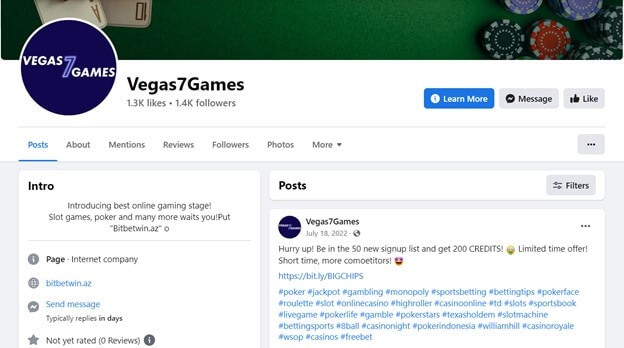 Vegas7Games Facebook Page