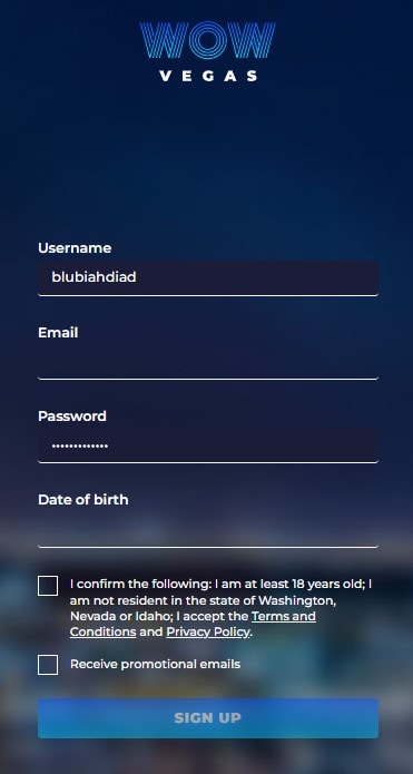 WOW Vegas Casino Create Account