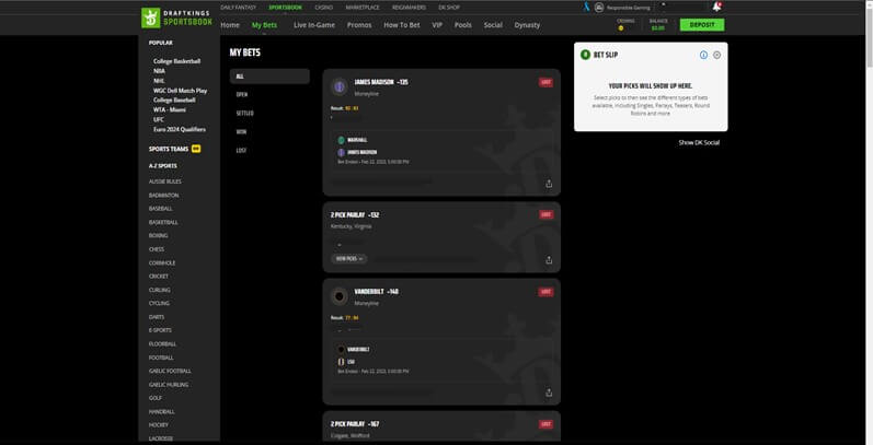 DraftKings My Bets