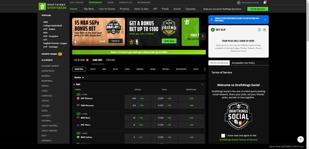 DraftKings Sportsbook Homepage Lobby