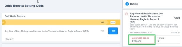 FanDuel Golf Odds Boosts Max Wager