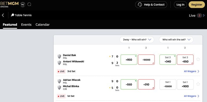 BetMGM Table Tennis Example Bet