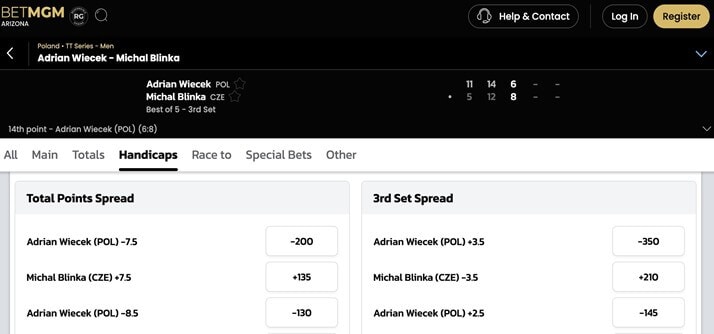 BetMGM Table Tennis Live Bet