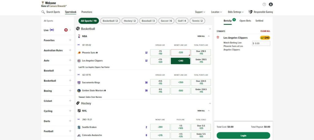 Caesars Live Betting Example