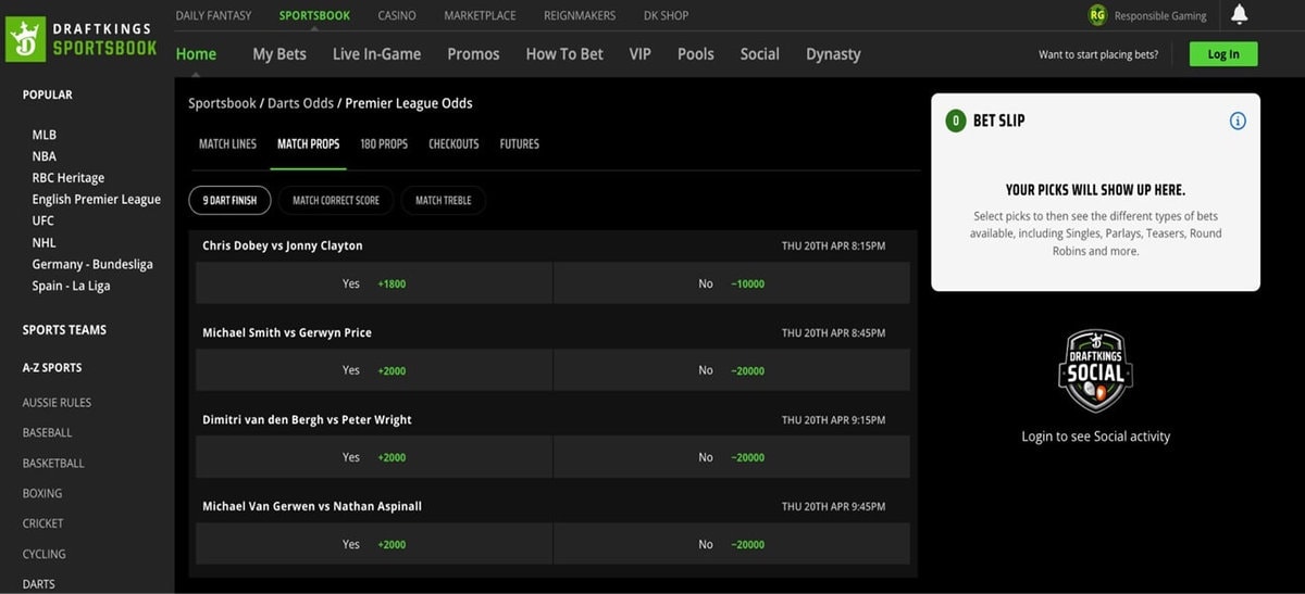DraftKings Darts Example Bet