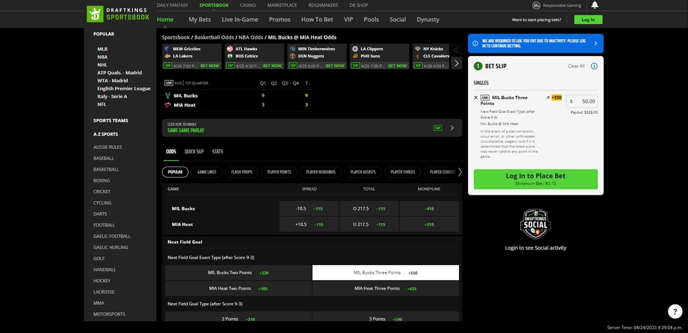 DraftKings Live Bet Example