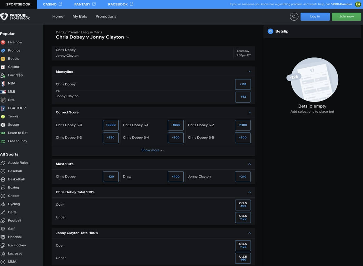 FanDuel Darts Example Bet
