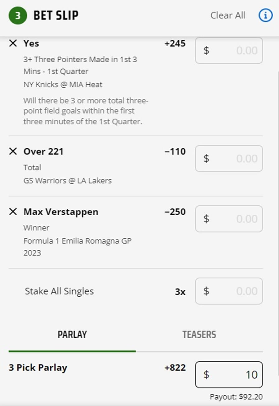 DraftKings Parlay Bet Example