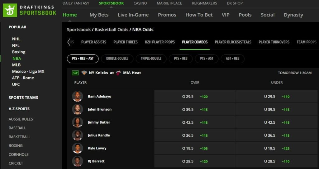 DraftKings Sportsbook NBA Betting Lobby