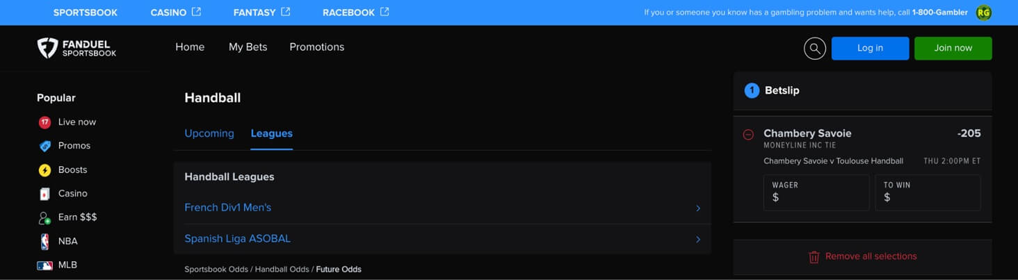 FanDuel Handball Example Bet