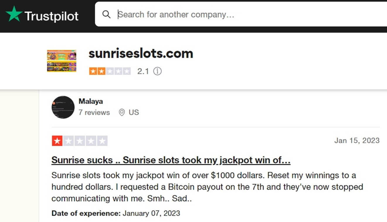 Sunrise Slots Negative Review Trustpilot