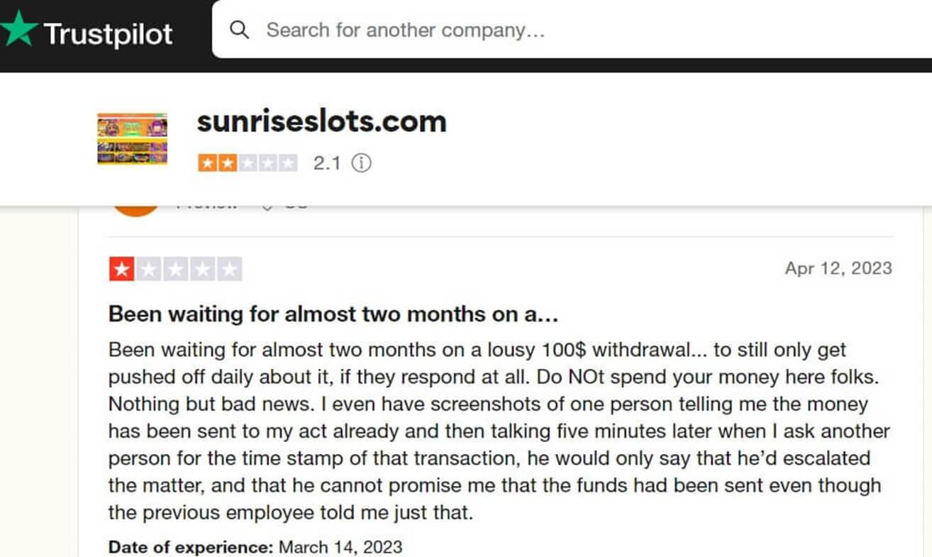 Sunrise Slots Negative Review