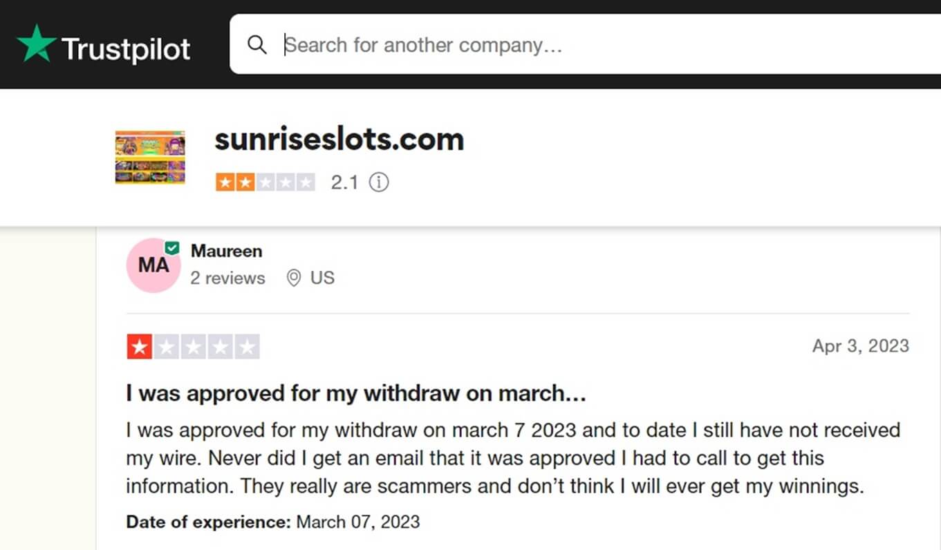 Sunrise Slots Trustpilot Negative Review