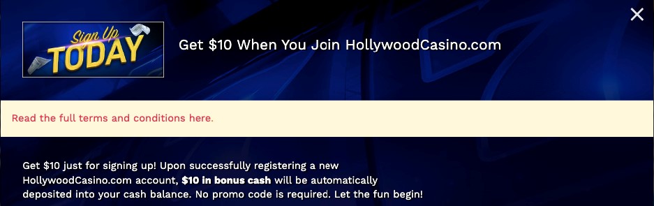Hollywood Casino PA $10 No Deposit Bonus