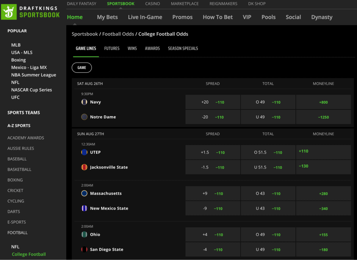 dk ncaaf odds