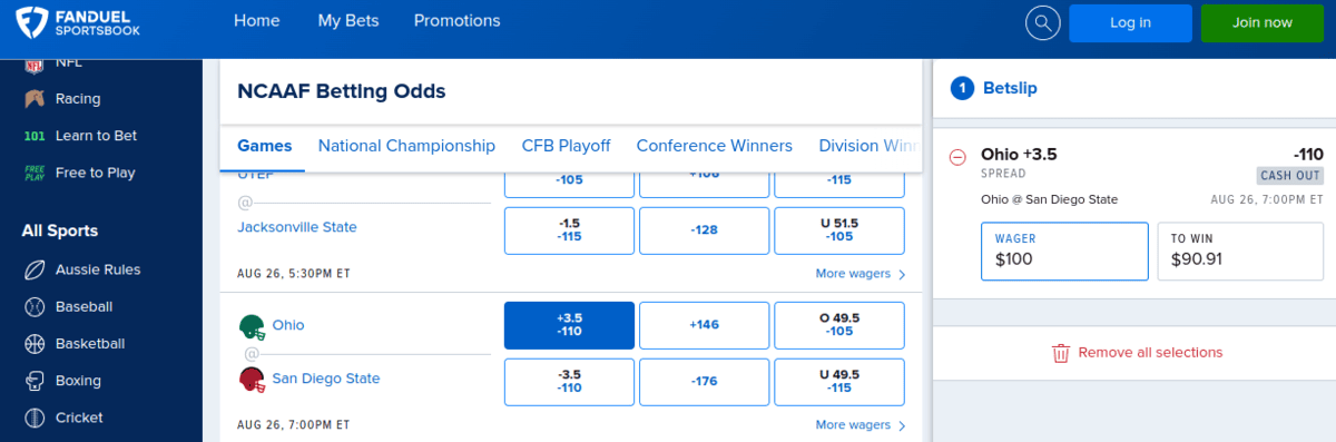 fanduel placing ncaaf