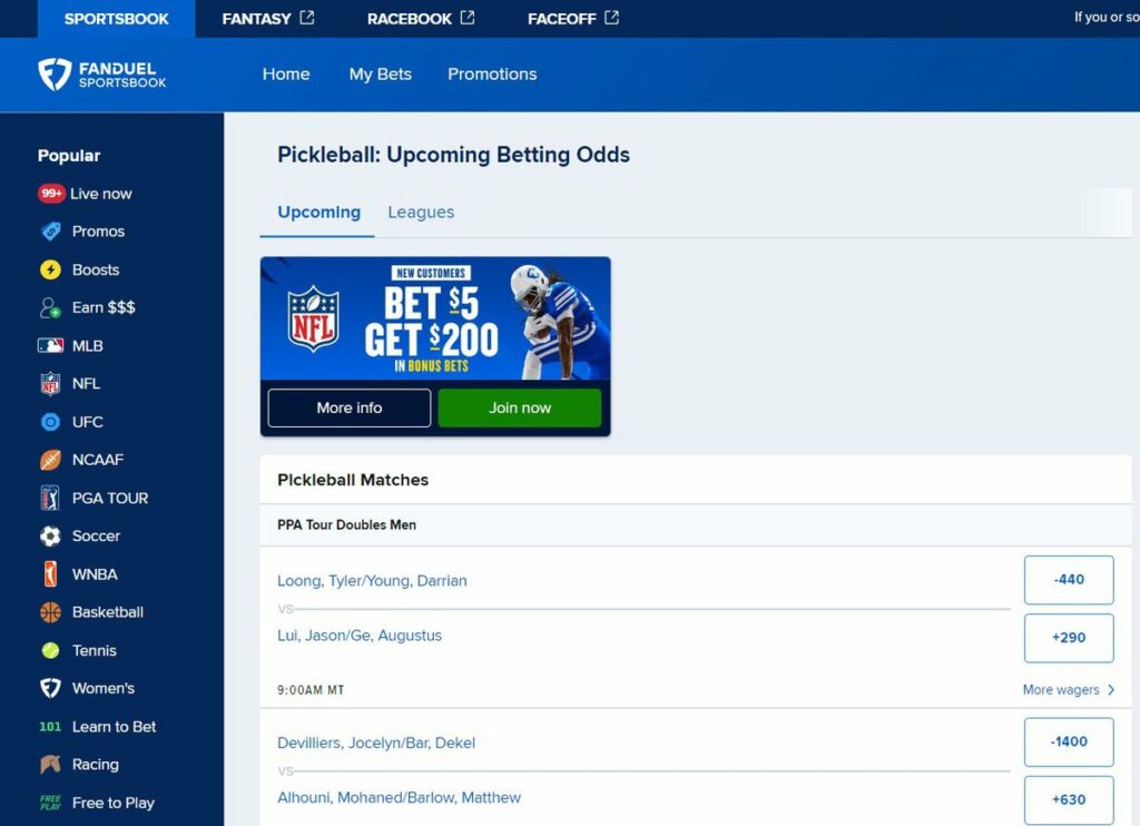 fanduel sportsbook pickleball betting markets