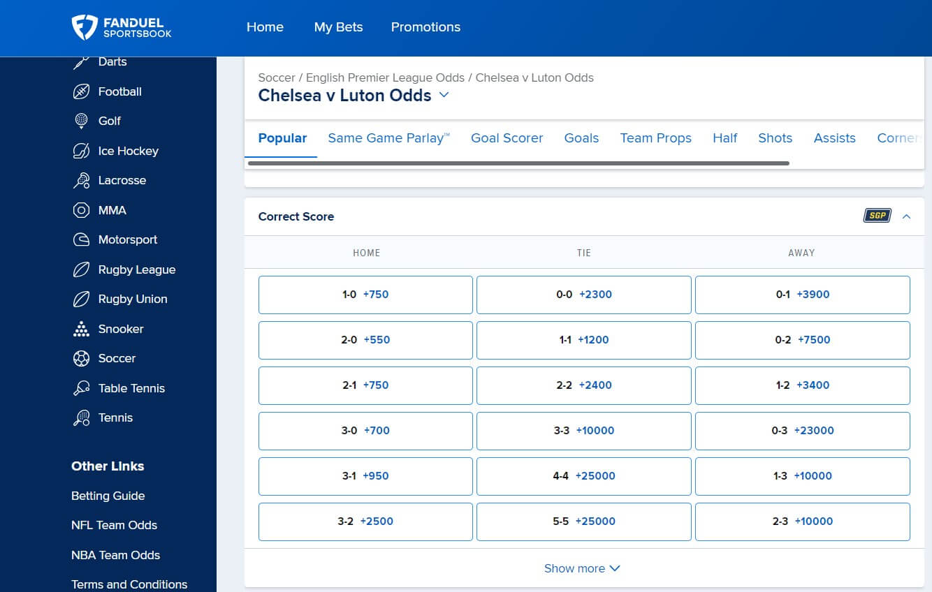 Fanduel Correct Score Table