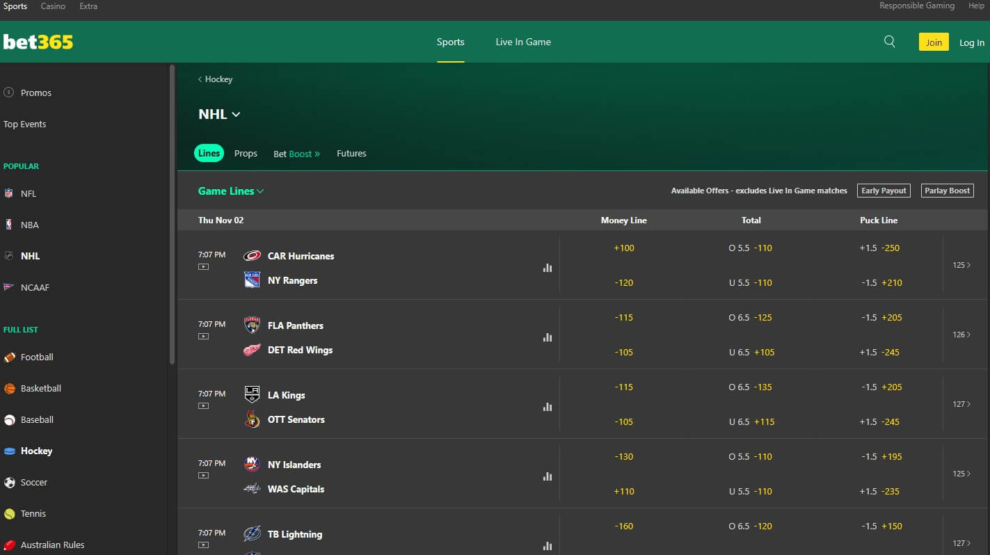 Bet365 NHL Betting